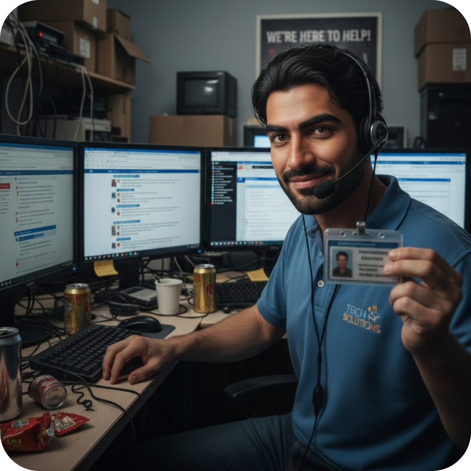 A fake support agent holding up an ID card