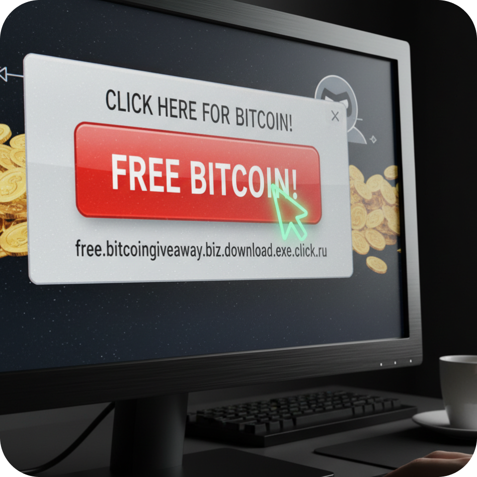 A screen with a fake “Free Bitcoin” offer